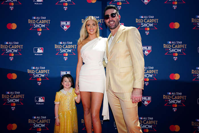 Kate Upton and husband Justin Verlander of the Houston Astros pose for a photo with their daughter during the All-Star Red Carpet Show at L.A. Live on Tuesday, July 19, 2022 in Los Angeles, California.